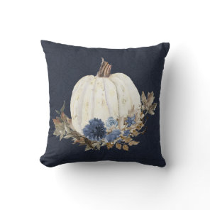 Fall Pumpkin Navy Blue Watercolor Floral Foliage Throw Pillow