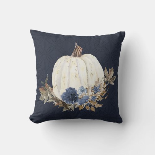 Fall Pumpkin Navy Blue Watercolor Floral Foliage Throw Pillow