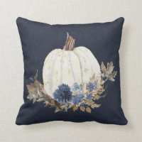Fall Pumpkin Navy Blue Watercolor Floral Foliage Throw Pillow
