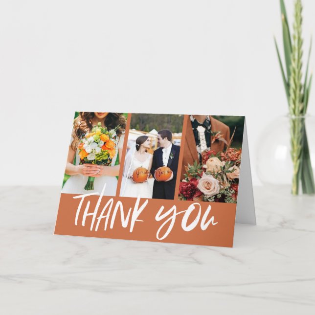 Fall Pumpkin Orange Hand Lettered Photo Wedding  Thank You Card (Front)
