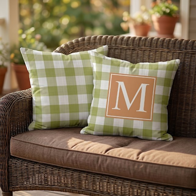 Fall Pumpkin Orange Leaves Green Gingham Pattern Outdoor Pillow (Creator Uploaded)