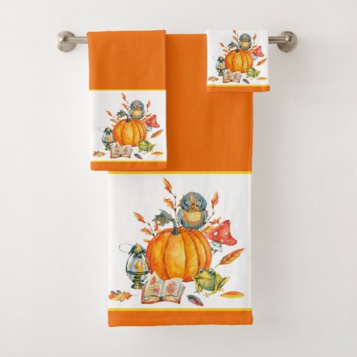 Fall Pumpkin owl and frog  Bath Towel Set