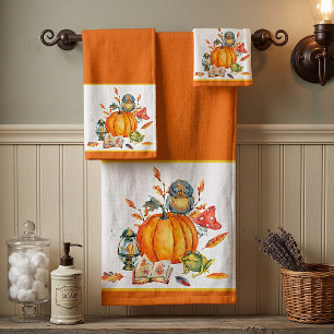 Fall Pumpkin owl and frog Bath Towel Set