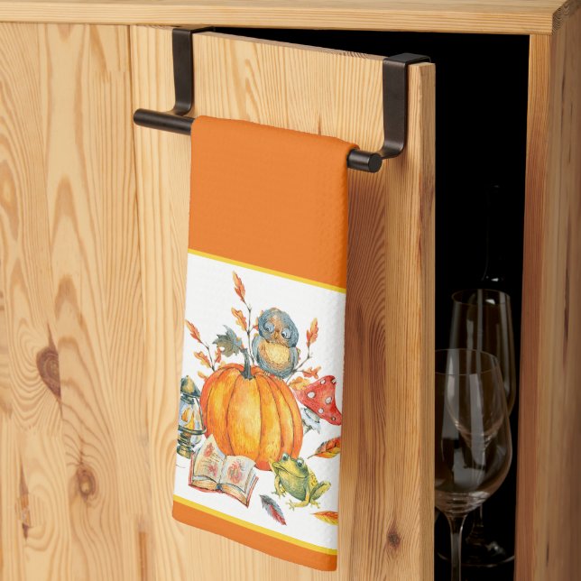 Fall Pumpkin owl and frog Kitchen Towel (Thirds Fold)