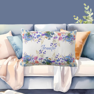 Fall Pumpkin Pastel Blue Botanical Flora Monogram Lumbar Pillow