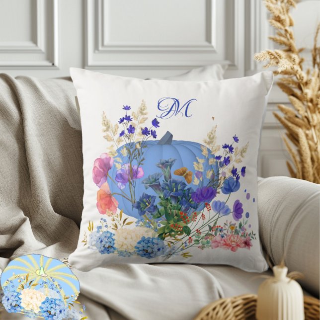 Fall Pumpkin Pastel Blue Botanical Flora Monogram  Throw Pillow (Fall Pumpkin Pastel Blue Botanical Flora Monogram Throw Pillow)