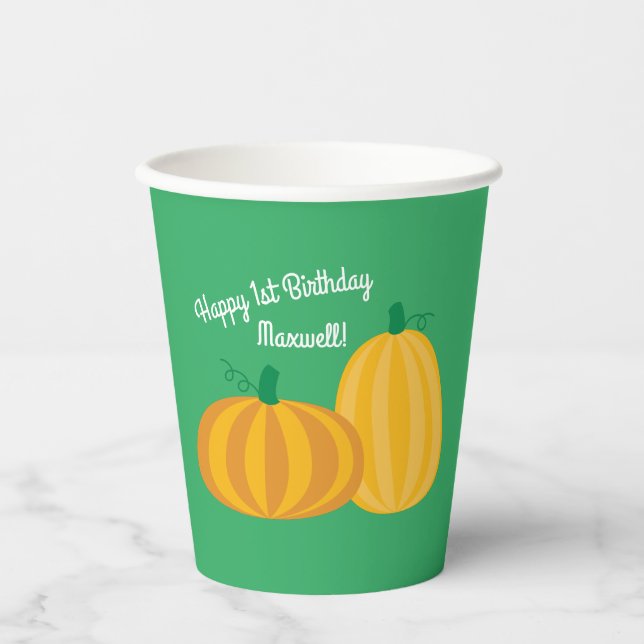Fall Pumpkin Patch 1st Birthday Party Kids Paper Cups (Front)