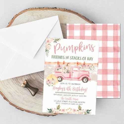 Fall Pumpkin Patch Pink Old Vintage Truck Birthday Invitation