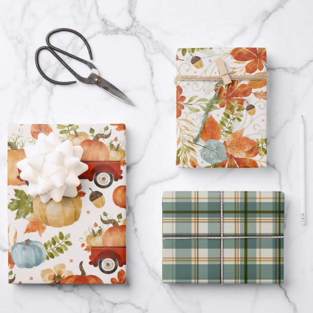 Fall Pumpkin Patch Truck Plaid Wrapping Paper Sheets (Front)