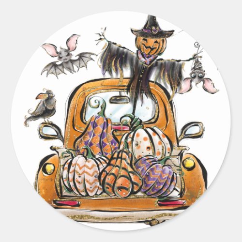 Fall Pumpkin Patch Truck with bats scarecrow bird  Classic Round Sticker