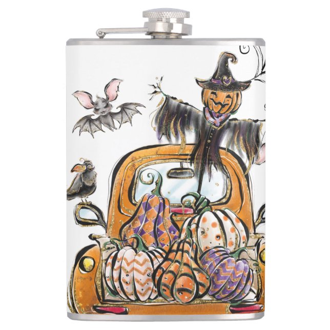 Fall Pumpkin Patch Truck with bats scarecrow bird  Flask (Front)