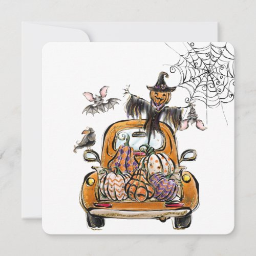 Fall Pumpkin Patch Truck with bats scarecrow bird  Holiday Card