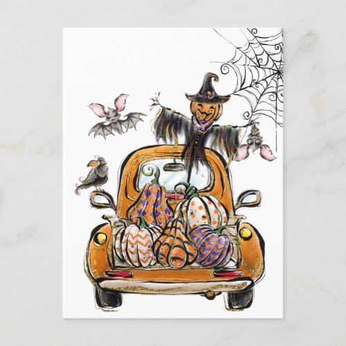 Fall Pumpkin Patch Truck with bats scarecrow bird  Holiday Postcard