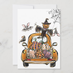 Fall Pumpkin Patch Truck with bats scarecrow bird Invitation