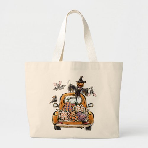 Fall Pumpkin Patch Truck with bats scarecrow bird  Large Tote Bag