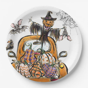 Fall Pumpkin Patch Truck with bats scarecrow bird Paper Plates