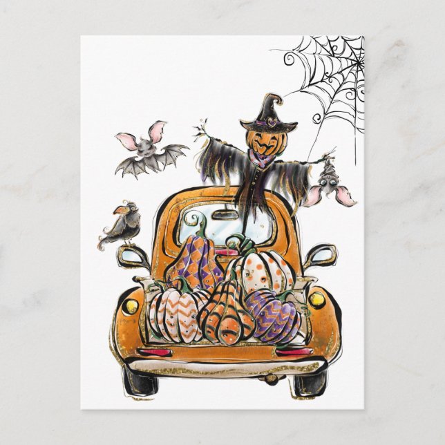 Fall Pumpkin Patch Truck with bats scarecrow bird  Postcard (Front)
