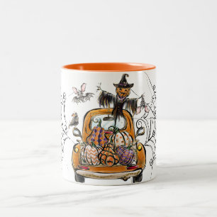 Fall Pumpkin Patch Truck with bats scarecrow bird  Two-Tone Coffee Mug