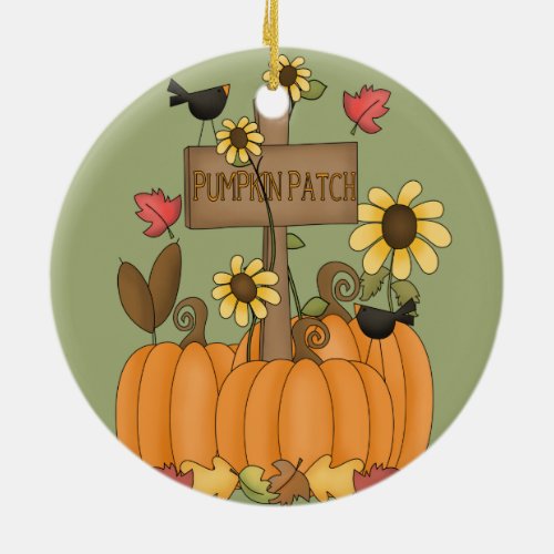 Fall Pumpkin Patch with Birds Ceramic Ornament