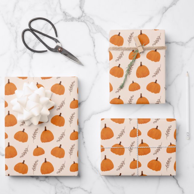 Fall Pumpkin Pattern Orange Wrapping Paper Sheets (Front)