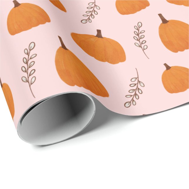 Fall Pumpkin Pattern Pink Wrapping Paper (Roll Corner)