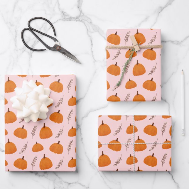 Fall Pumpkin Pattern Pink Wrapping Paper Sheets (Front)