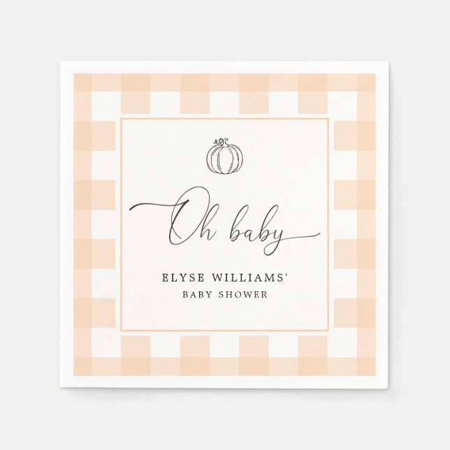 Fall Pumpkin Peach Gingham Oh Baby Paper Napkin (Front)