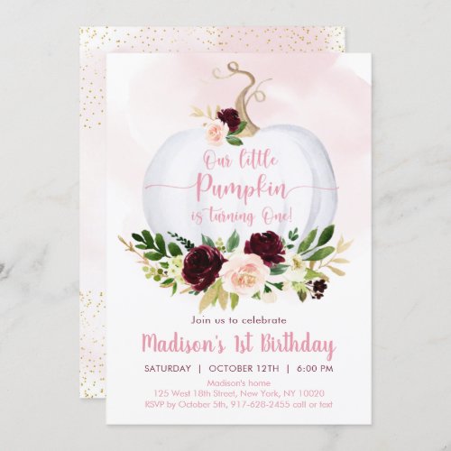 Fall Pumpkin Pink Burgundy Gold First Birthday Invitation