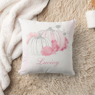Fall Pumpkin Pink Girly Glitter Watercolor Floral Throw Pillow