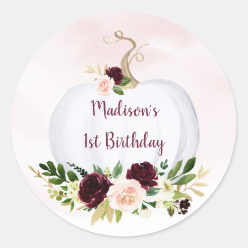 Fall Pumpkin Pink Gold Burgundy Birthday Classic Round Sticker