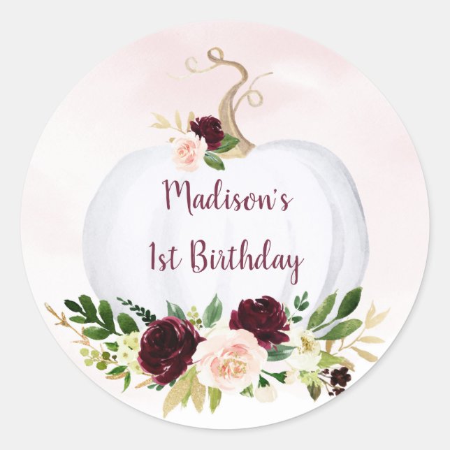 Fall Pumpkin Pink Gold Burgundy Birthday Classic Round Sticker (Front)
