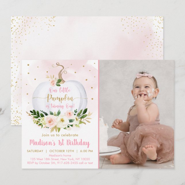Fall Pumpkin Pink Gold Confetti First Birthday Invitation (Front/Back)