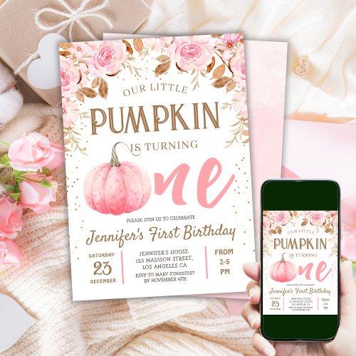 Fall Pumpkin Pink  Gold Girl Floral 1st Birthday Invitation