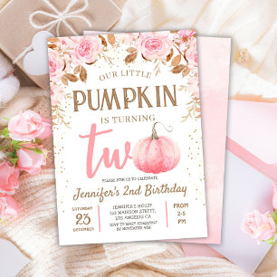 Fall Pumpkin Pink & Gold Girl Floral 2nd Birthday Invitation