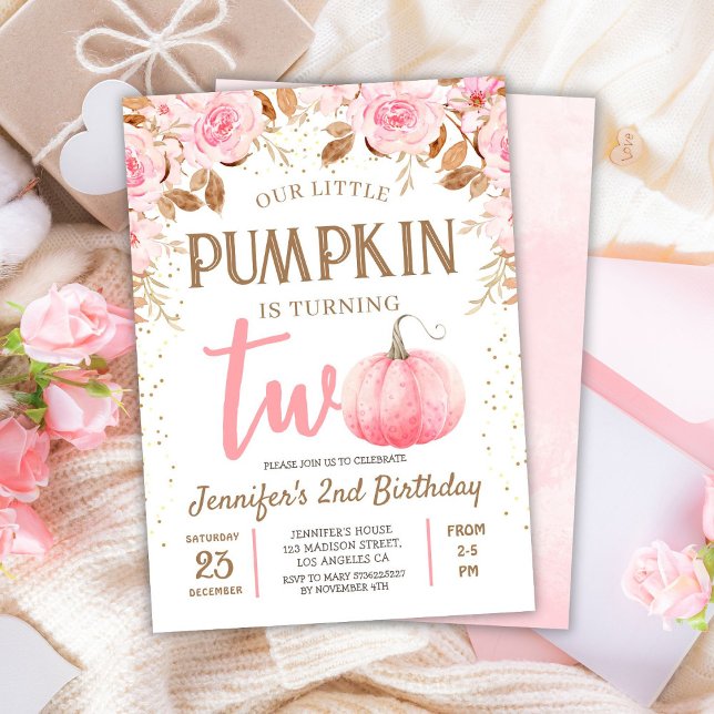Fall Pumpkin Pink & Gold Girl Floral 2nd Birthday Invitation (Creator Uploaded)