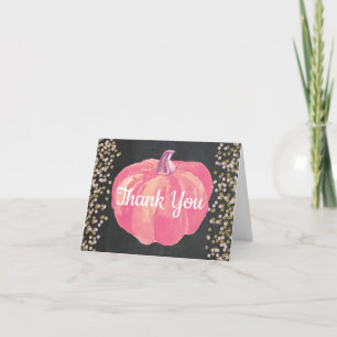 Fall Pumpkin Pink Gold Glitter Chalkboard Thank You Card