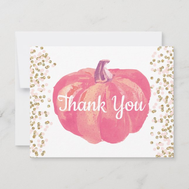Fall Pumpkin Pink Gold Glitter Confetti Thank You Card (Front)