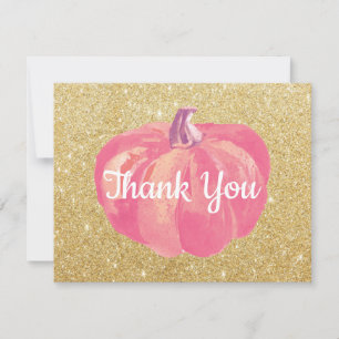 Fall Pumpkin Pink Gold Glitter Thank You Card