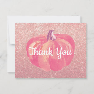 Fall Pumpkin Pink Rose Gold Glitter Thank You Card
