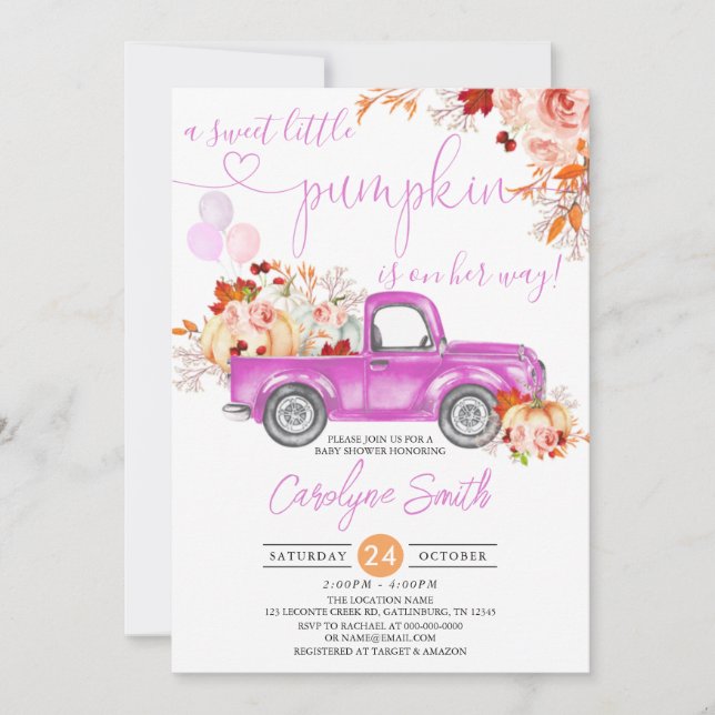 Fall Pumpkin Pink Truck Baby Shower Girl Invitation (Front)