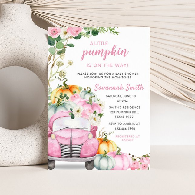 Fall Pumpkin Pink Truck Baby Shower Invitation (Little Pumpkin Pink Truck Baby Shower Invitation)