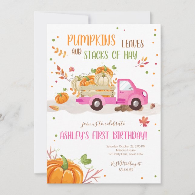 Fall Pumpkin Pink Truck Orange Green Girl Birthday Invitation (Front)