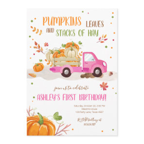 Fall Pumpkin Pink Truck Orange Green Girl Birthday Invitation