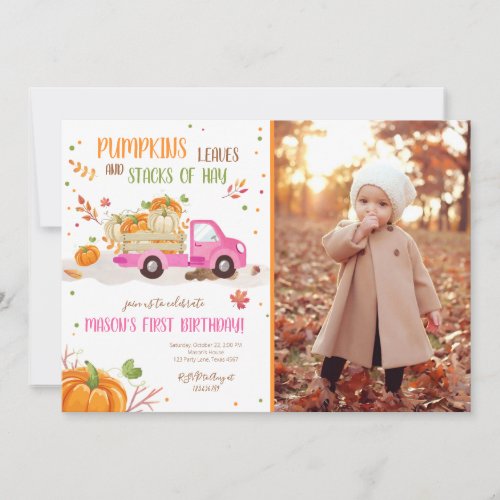 Fall Pumpkin Pink Truck Orange Green Girl Birthday Invitation