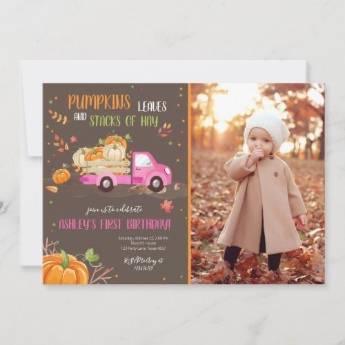 Fall Pumpkin Pink Truck Orange Green Girl Birthday Invitation