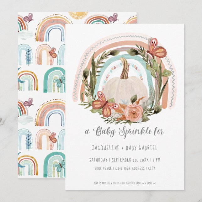 Fall Pumpkin Rainbow Mustard Blue Blush Floral Art Invitation (Front/Back)