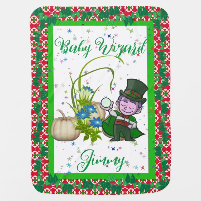 Fall Pumpkin Red Green Leaves Border Wizard Custom Baby Blanket (Front)