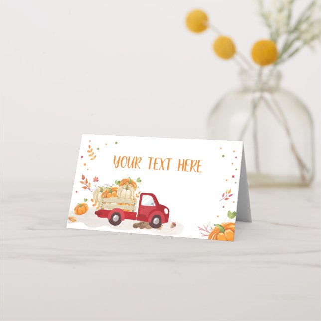 Fall Pumpkin Red Truck Food Label Folded Tent Place Card (Front)