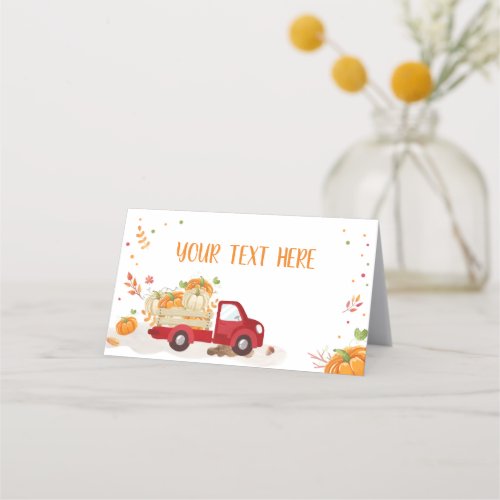 Fall Pumpkin Red Truck Food Label Folded Tent Place Card