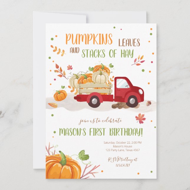 Fall Pumpkin Red Truck Orange Green Boy Birthday Invitation (Front)